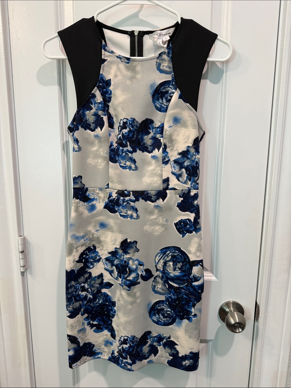 BCBGeneration Blue and Cream Floral Sheath Dress with Black Panels